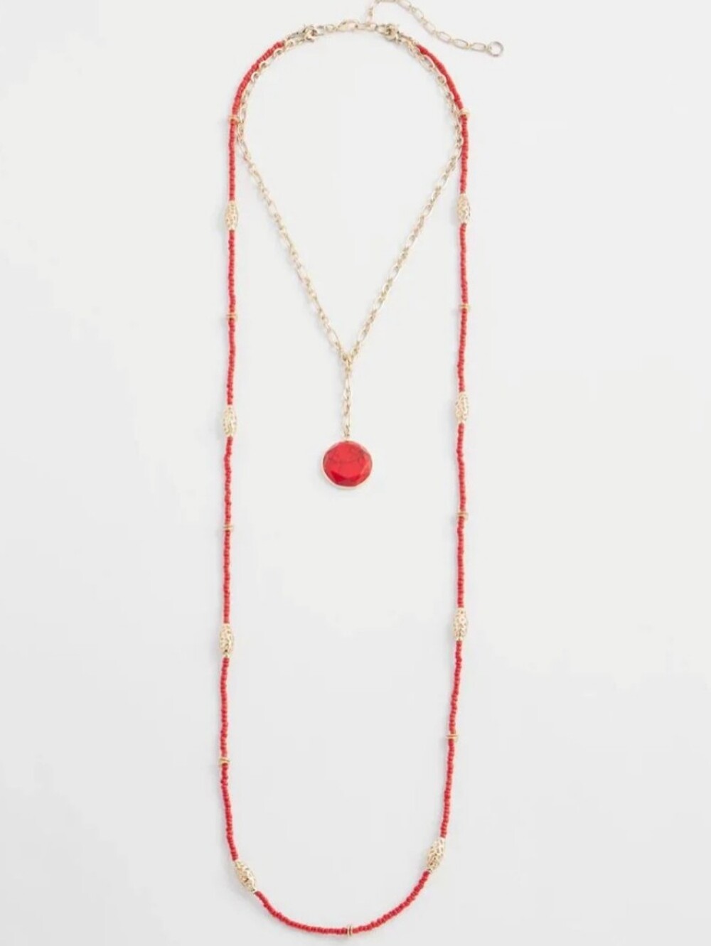 Chico's Red Beaded Layered Necklace with Gold Accents